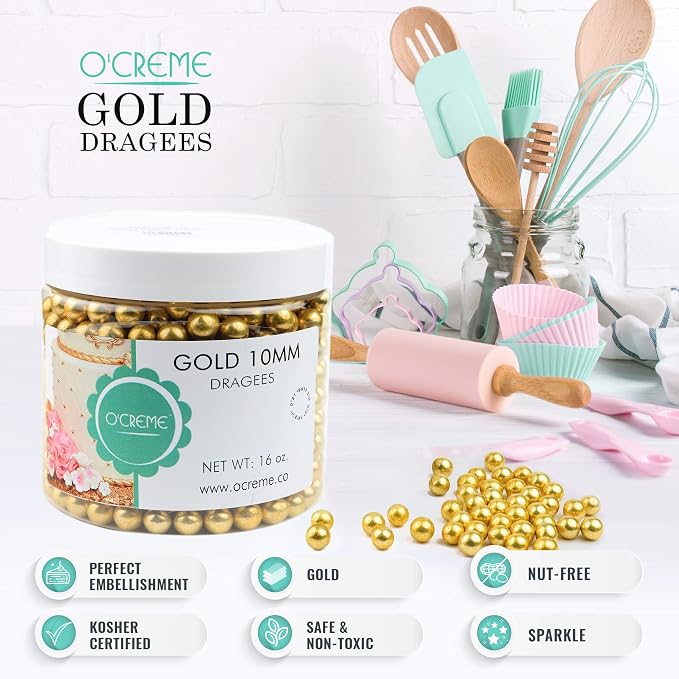 O'Creme Gold Dragees Cake Decorating Supplies for Bakers: Cookie, Cupcake & Icing Toppings, Bright Metallic Sphere Sprinkles, Decorating Sugar Balls Accents (2mm, 1 Pound) Not-Toxic, Non-Edible