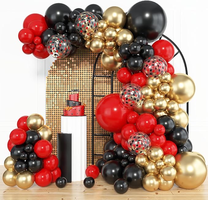 Amandir 153pcs Red Black Gold Balloon Garland Arch Kit, Different Sizes 18 12 10 5 inch Red Black Gold Latex Metallic Confetti Gold Balloons for Graduation Casino Theme Birthday Party Decoration