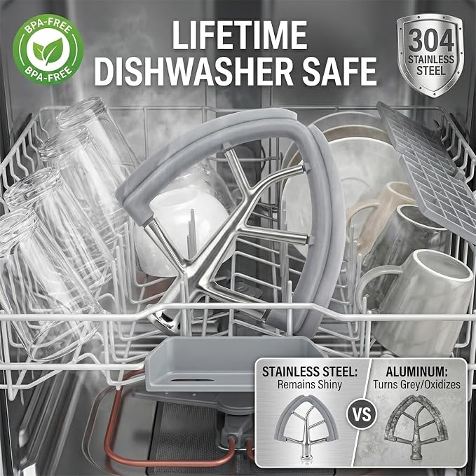 Stainless Steel Flex Edge Beater for KitchenAid Tilt-Head Stand Mixer 4.5-5 Qt, Upgraded Flat Beater Paddle with Dual Silicone Scraper Edges, Kitchen Aid Accessories and Attachments (Grey)