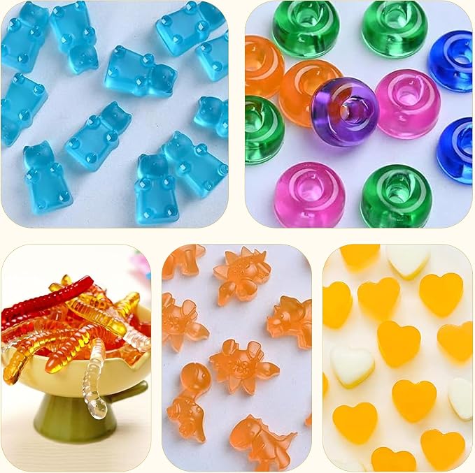 Zorazio 7Pcs Gummy Bear Molds Silicone, Nonstick Gummy Chocolate Candy Worm Molds with 2 Droppers for Convenient Filling, Includes Bear, Worm, Dinosaur, Donut and Heart, 218Cavity