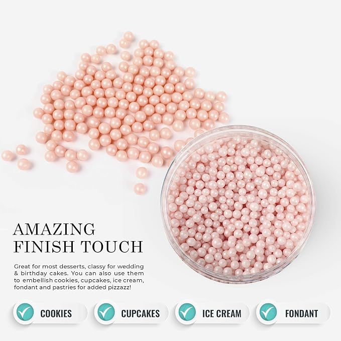O'Creme Pink-Ivory Edible Sugar Pearls Cake Decorating Supplies for Bakers: Cookie, Cupcake & Icing Toppings, Beads Sprinkles For Baking, Certified, Candy Sugar Ball Accents (10mm, 16 Oz)