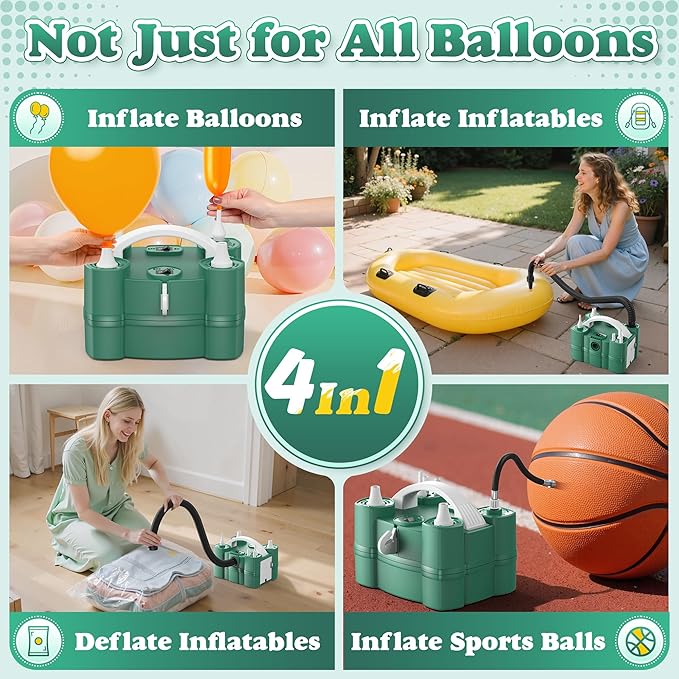 Balloon Pump 4-in-1 Electric Balloon Inflator with Triple Inflating Ports for All Balloons Air Filler Machine for Sports Balls Inflator Deflator for Inflatables