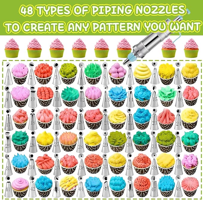 NOVANO Dessert Decorating Syringe Set, Blue | Frosting Piping Kit, Stainless Steel, 54 Piping Tips, 9 Silicone Cupcakes