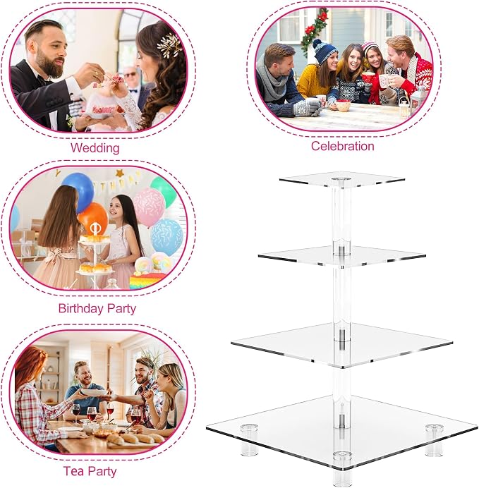 weddingwish Acrylic Cupcake Stand, 4 Tier Square Cupcake Display Stand with Base, Clear Cupcake Tower for Dessert Table,Wedding, Party, Baby Shower