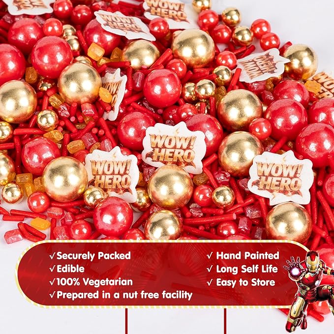 Edible Hero Sprinkles,Red Gold Pearls and Jimmies Sprinkle Mix Heroes Wafer Paper,130g,Movie Theme Cake Cupcake Cookie Donut Decorations for Birthday,Graduation,Father's Day,Hero Themed Party,Superhero Party Supplies