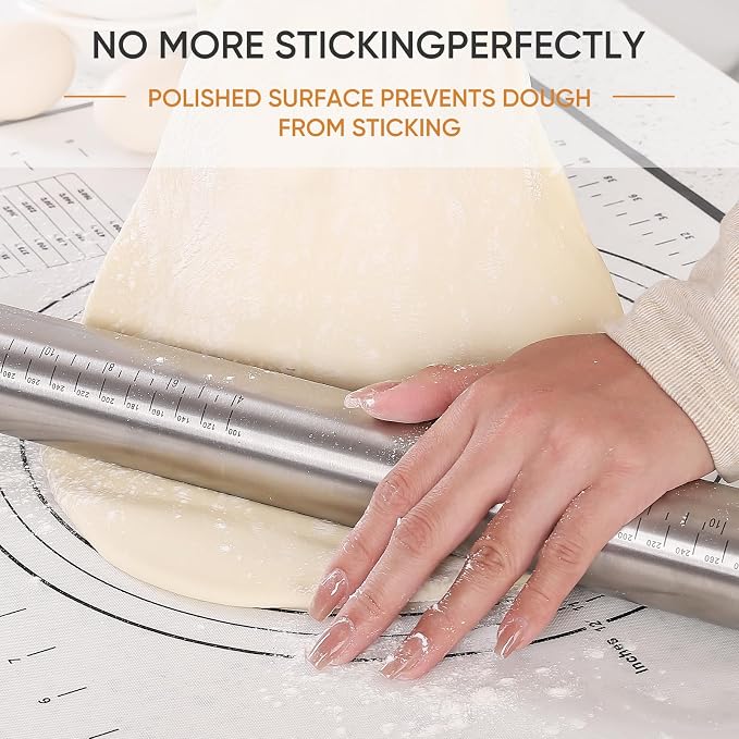AMUZHI Stainless Steel Rolling Pin with Adjustable Thickness Rings | 4 Interchangeable Sizing Bands for Dumplings/Pasta/Cookies - Nonstick Kitchen Baking Tool