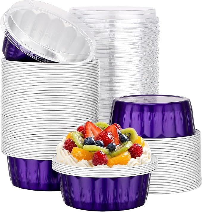 Beasea Disposable Ramekins 8oz, 100 Pack Aluminum Foil Baking Cups with Lids, Creme Brulee Muffin Cupcake Mini Pudding Disposable Baking Cups Tins for Party Wedding Birthday - Violet Purple