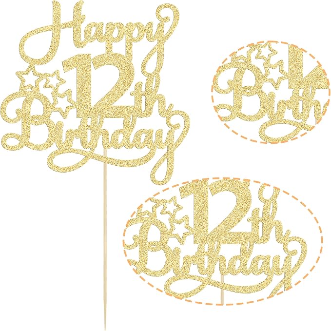 1 Pack Happy 12th Birthday Cake Topper Glitter Heart Star 12 Fabulous Cake Pick Birthday Sign Cake Decorations for Children 12th Birthday Theme Party Supplies Gold