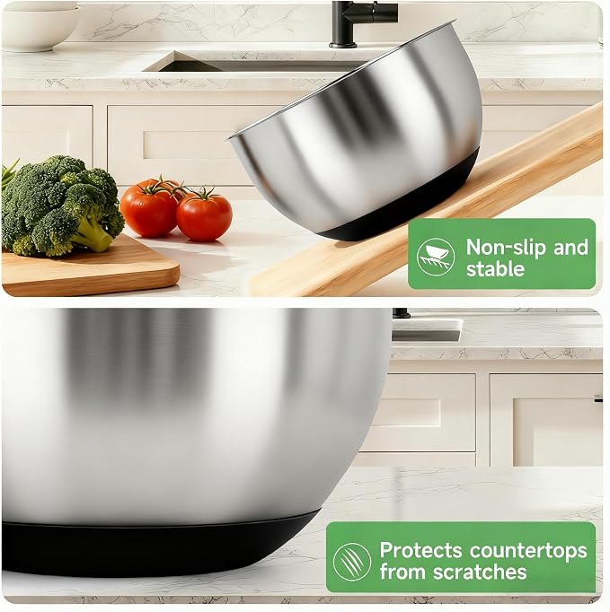 Mixing Bowls with Airtight Lids, Stainless Steel Nesting Bowl Set with Clear Lids & Valve, 3 Essential Sizes (1.5/3/5 QT), Measurement Marks, Non-Slip Silicone Base, Food Prep & Fridge Storage, Black