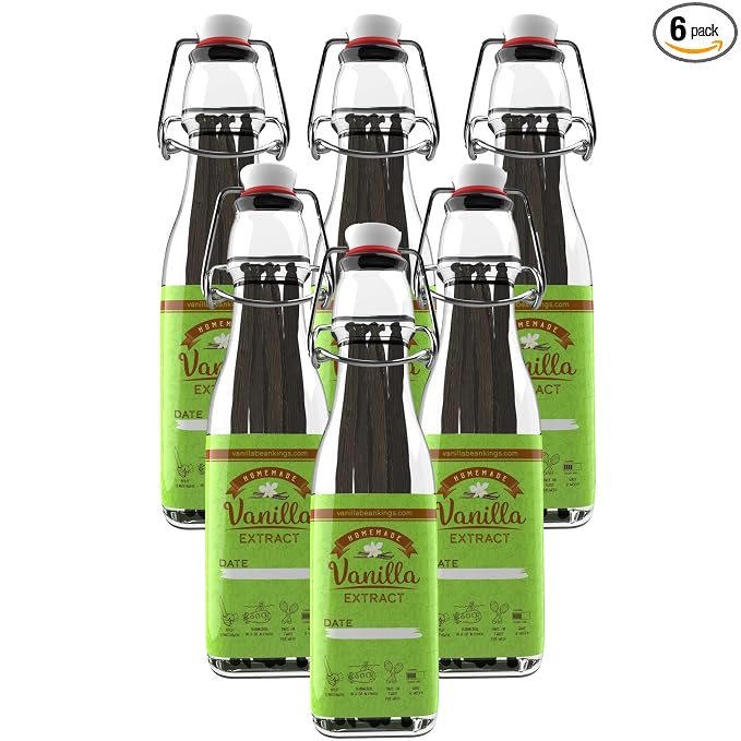 Homemade Vanilla Extract Kit | DIY | 1 Ounce of Premium Organic Madagascar Grade A Vanilla Beans 6-7 inches (Appoximately 8-10 Beans) with 8.5 oz Swing Top Glass Bottle - 6 Kit Party Pack