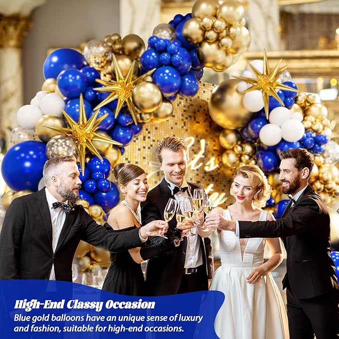 FOTIOMRG 136pcs Royal Blue and Gold Balloons Arch Garland Kit with Star Foil Balloons, 5 10 12 18 inch Navy Blue White and Gold Balloon for Anniversary Wedding New Year Birthday Party Decorations