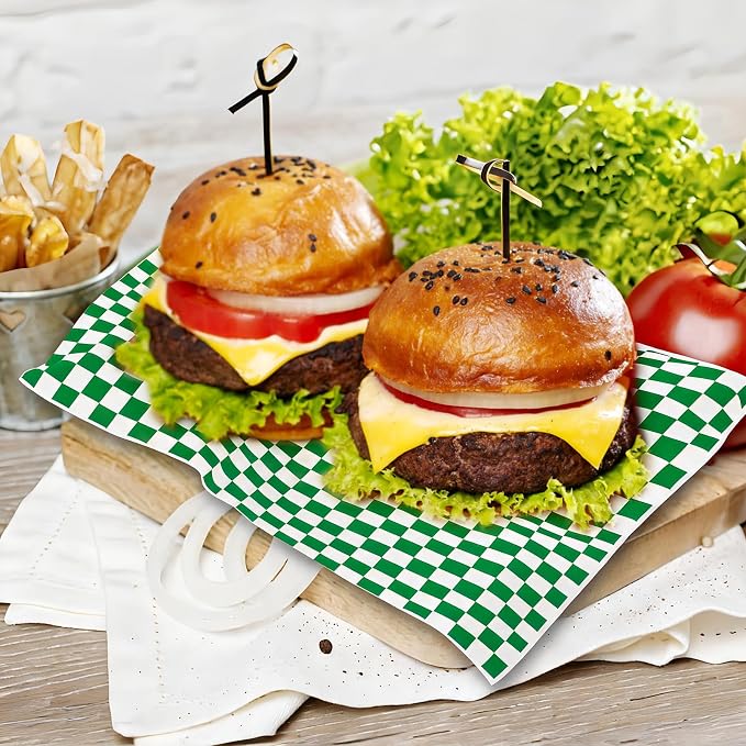 100pcs Deli Paper Sheets 12x12", Premium Food Basket Liners, Grease Resistant Wax Paper Sheets for Food, Classic Checkered Sandwich Wrapping Paper (Green & White)