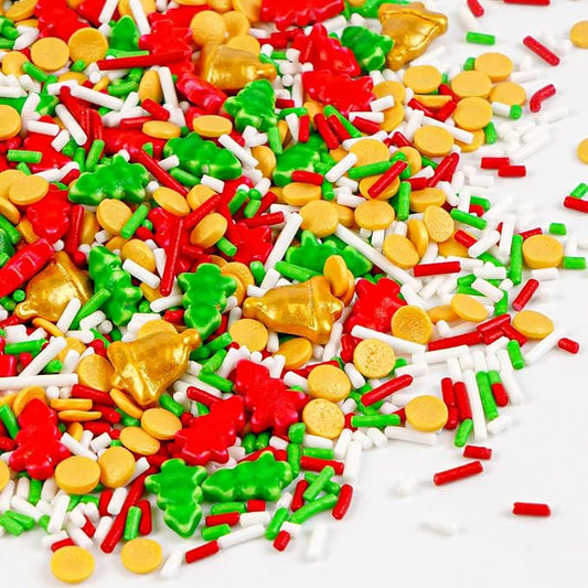 Edible Jimmies Sprinkles for Cake Decorating, 150g/5.29oz, Green & Red Tree Sprinkles, Gold Bell Yellow Nonpareils & White Sugar Mix, Cookies Cupcake Decorations, Baking Party Birthday Supplies