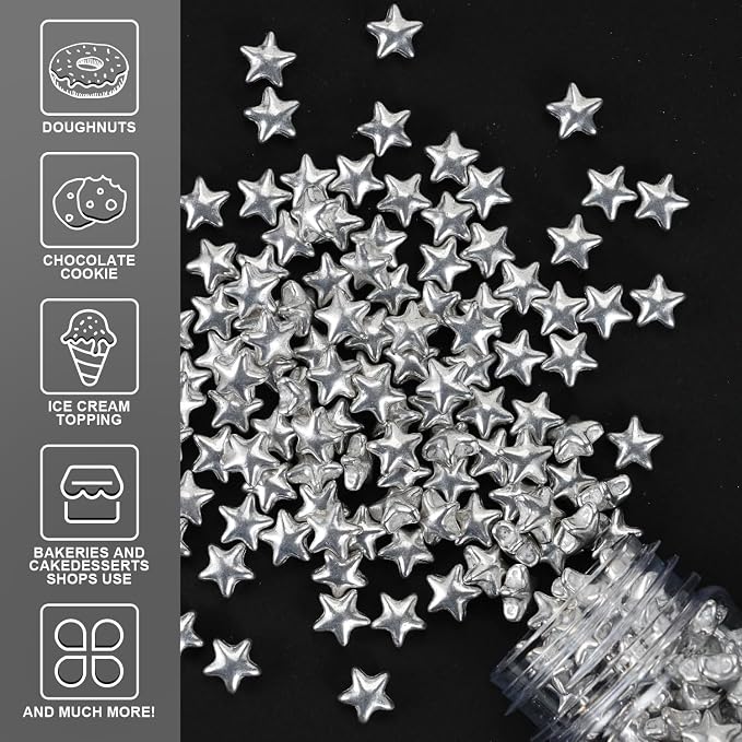 Sliver Star Sprinkles, 10MM Edible Candy Stars for Cake Decorating, Cupcakes, Cookies & Desserts, 4.2 oz Metallic Silver Sprinkles for 4th of July , Christmas, Wedding, Birthday, Holiday Baking Baby Shower