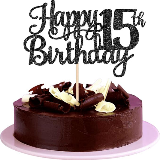 1 PCS Happy 15th Birthday Cake Topper Glitter Cheers to 15 Years Birthday Cake Pick Mis Quince 15 Fabulous Cake Decoration for Happy 15th Birthday Theme Party Decorations Supplies Black