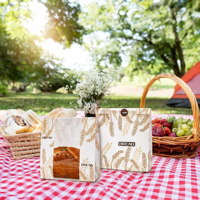 100 Pack Paper Bread Bags with Clear Window, 10 x 14 x 4 Inch Homemade Bread Loaf Bag with Stickers, Large Bakery Bags Sourdough Bread Storage Bag for Popcorn, Cookies, Snacks