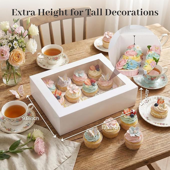 VGOODALL 12 Count Cupcake Boxes, 12PCS Cupcake Holder with Window White Pastry Boxes for Birthday Holiday Party Bakery Supplies