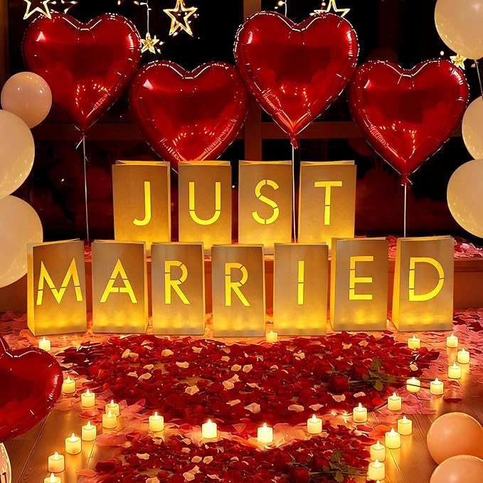 Just Married Luminary Paper Bags with LED Tea Lights Flameless Candles Balloons Rose Petals, Light Up Letters Signs for Valentines' Day Engagement Romantic Decorations