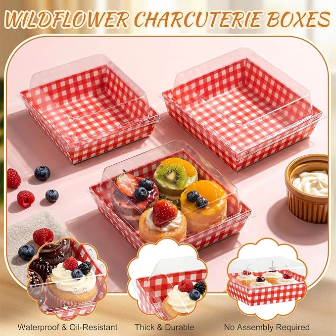 Potchen 50 Pack Red and White Checkered Charcuterie Boxes with Clear Lids, Red & White Buffalo Plaid Gift Boxes with Window for Pizza Party Decorations Wedding Bridal Baby Shower Picnic Buffet