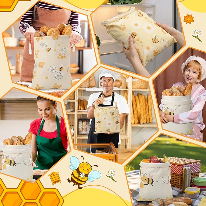 Tallew 3 Pack Beeswax Bread Bags for Sourdough & Homemade Bread 17 x 13'' XL Reusable Organic Linen Beeswax Wraps with Sealing Zip for Fresh Food Storage Loaf Freezer Baker (Bee Style)