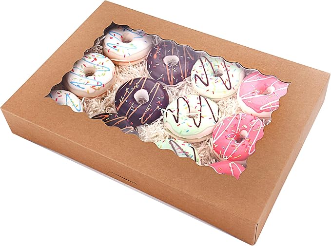 Tcoivs 20-Pack 16" x 11" x 2.5" Bakery Boxes with Window Hold 12 Donuts, Auto-Popup Large Cookie Boxes for Pies, Cakes, Muffins, and Pastries (Brown)