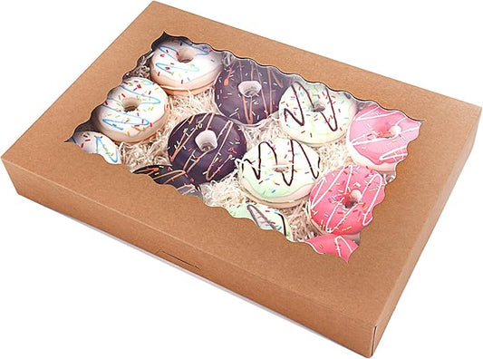 Tcoivs 20-Pack 16" x 11" x 2.5" Bakery Boxes with Window Hold 12 Donuts, Auto-Popup Large Cookie Boxes for Pies, Cakes, Muffins, and Pastries (Brown)