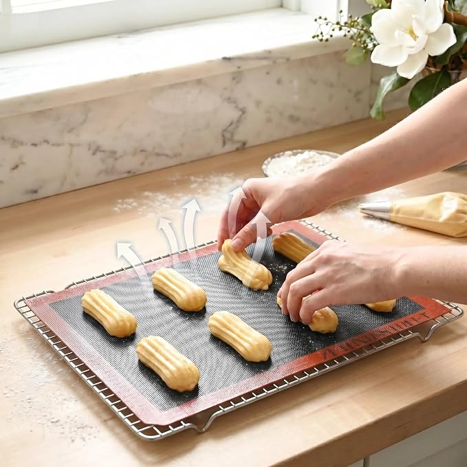 Perforated Silicone Baking Mats for 3/4 Sheet Pan 13x19in, Eclair Silicone Baking Mat, Nonstick Reusable Breathable Air Mat, Heat Resistant, Pack of 3