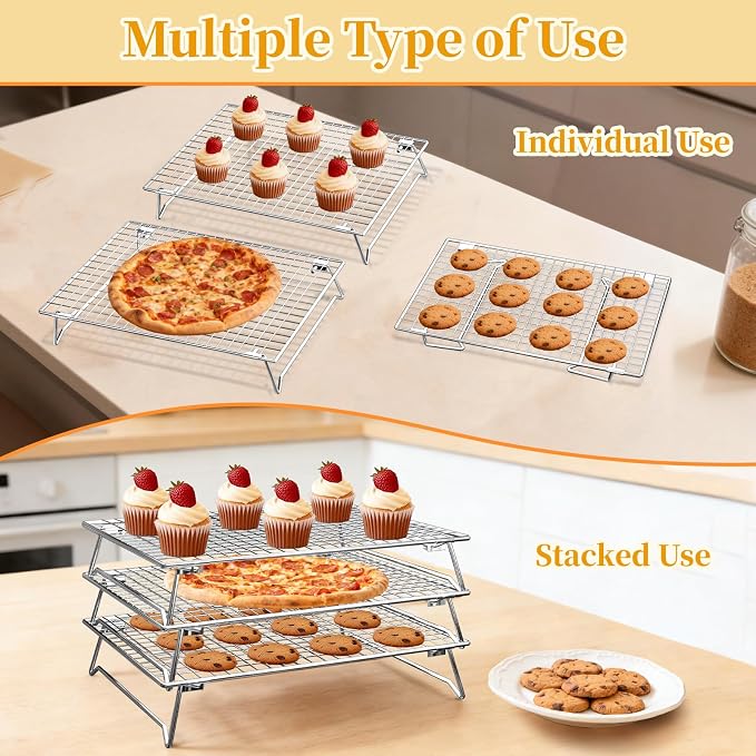 3-Tier Cookie Cooling Racks for Cooking & Baking, 304 Stainless Steel 13"x9" Stackable Wire Rack, Oven & Dishwasher Safe, Baking Rack for Oven, with Silicone Tongs