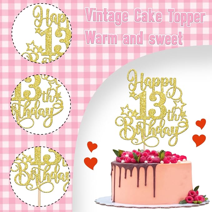 1 PCS Happy 13th Birthday Cake Topper Glitter Cheers to 13 Years Birthday Cake Pick Hello 13 Fabulous Cake Decoration for Happy 13th Birthday Anniversary Party Decorations Supplies Gold