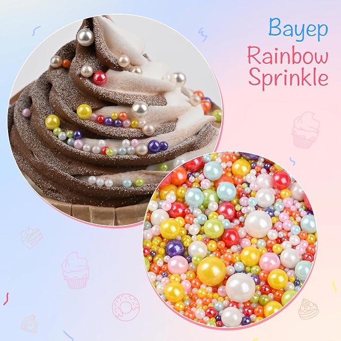 Bayep Rainbow Sprinkles for Cake Decorating Edible Pearl Sprinkles for Ice Cream, Cookies, Baking, Cupcake Topper Colorful Sprinkles Perfect for Birthday Party Christmas Holiday Supplies 3.52 Ounce