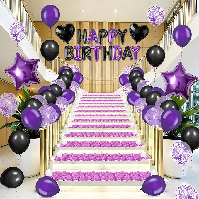 Black Purple Happy Birthday Balloons Decorations Black and Purple Birthday Balloon Letters Banner with Star Heart Balloons Artificial Rose Petals 24 Flameless LED Candles for Birthday Party Supplies