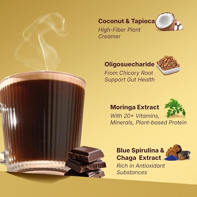 Veltracha Moringa Hot Chocolate, Plant-Based Protein Hot Cocoa Mix with Fiber, Chaga & Blue Spirulina, Non-Dairy Mushroom Cocoa Powder for Immune & Energy, 10 Sachets