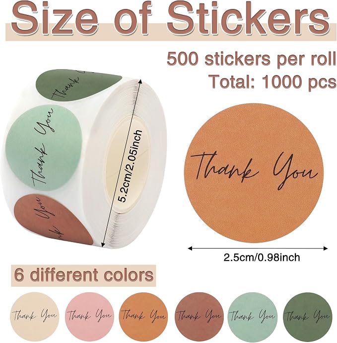 1000Pcs Thank You Stickers 1'' Label Stickers Roll 6 Colors Small Business Sticker Seal Sticker for Packaging Paper Decal Box Gift Sealing Labels for Shopping Bottle Canning Wraps (Modern Boho)