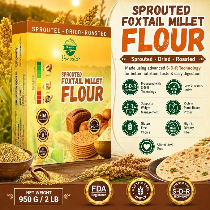 Danodia Foods Organic Foxtail Millet Flour 950g/2 lb | Gluten Free, Sprouted, Roasted & Ground Millet Flour | For Flatbread, Cookies, Pancakes, Baking & Indian Cooking | Low GI