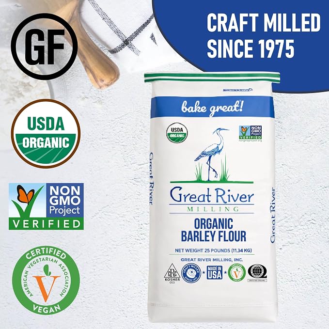 Great River Milling Organic Barley Flour | Unbleached, Unbromated, Non-GMO, Kosher | High Fiber, Nutty Flavor Perfect for Breads, Pancakes, & More | 25 Lb