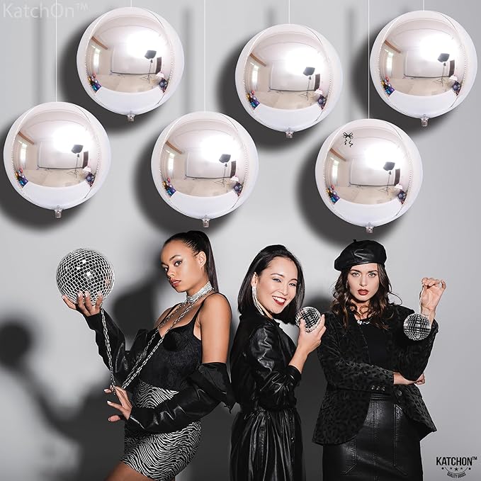 KatchOn, Large Metallic Silver Balloons - Pack of 6 | 4D Round Silver Foil Balloon for Birthday Decorations | Shiny Foil Balloons for Anniversary, Engagement, Bridal Shower, Ramadan Decorations