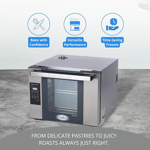 Cadco XAFT-04HS-LD Bakerlux LED Half-Size Digital Countertop Commercial Convection Oven, 4 Shelves, Stainless Steel, 23-5/8", 208/240V, NSF Certified for Restaurant and Food Truck Use