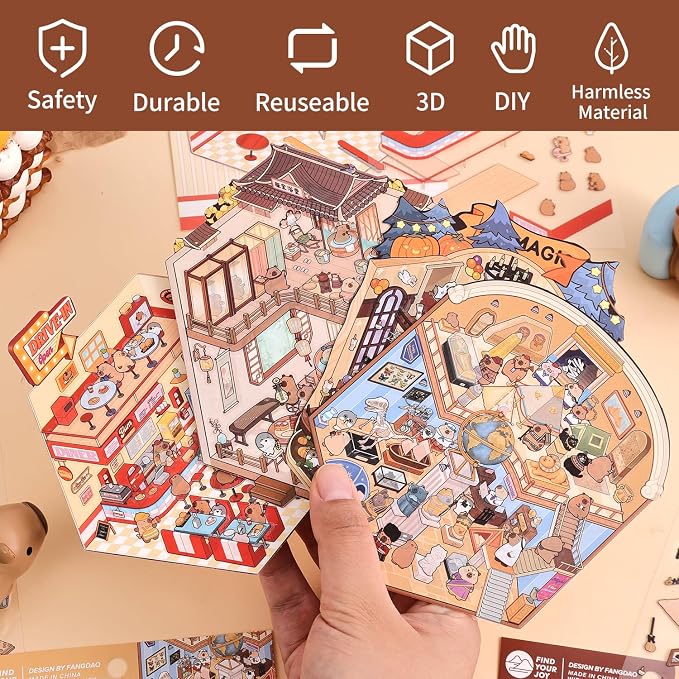 Girls 3D Miniature Scene Stickers, 4 Sets World Travel DIY House Stickers for Museun, Hotel, Magic House, Drive-In Restaurant, Cute 3D Cartoon Sticker Scenes for Adult Kids Relief Stress Pass The Time