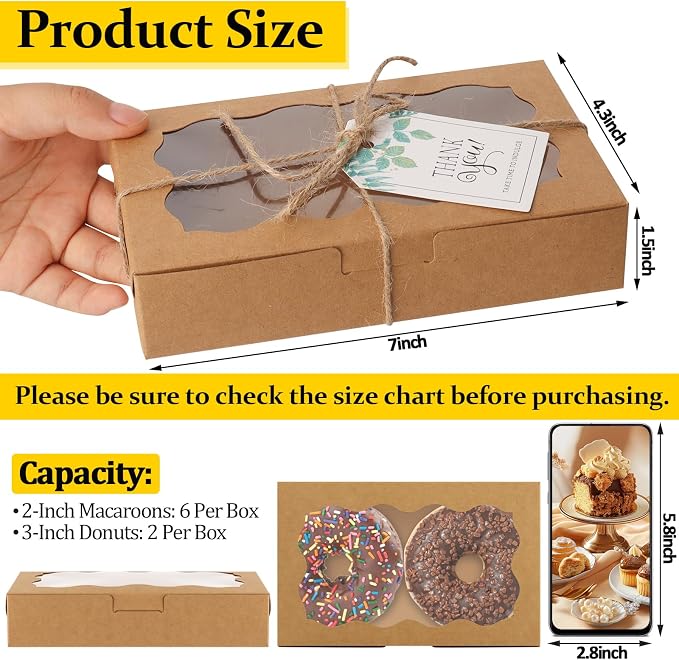40 Pack Cookie Boxes with Clear Window, 7 x 4 3/8 x 1½ Inch Small Kraft Candy Boxes Premium Pastry Boxes with Tags Ropes for Cookie Packaging, Dessert, Donuts, Pie, Cupcakes, Parties