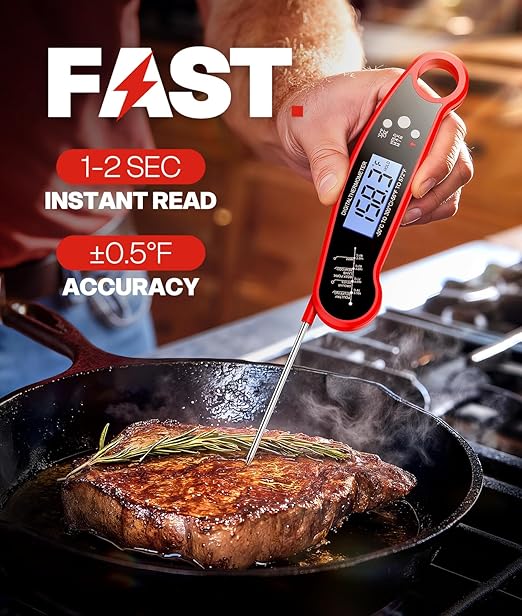 Meat Thermometer Digital – Instant Read Food Thermometer for Grilling, BBQ, Air Fryer, Smoker, Candy Making with Foldable Probe, Kitchen Gadgets, BBQ Essentials, Gift for Dad Men Husband Him, Red