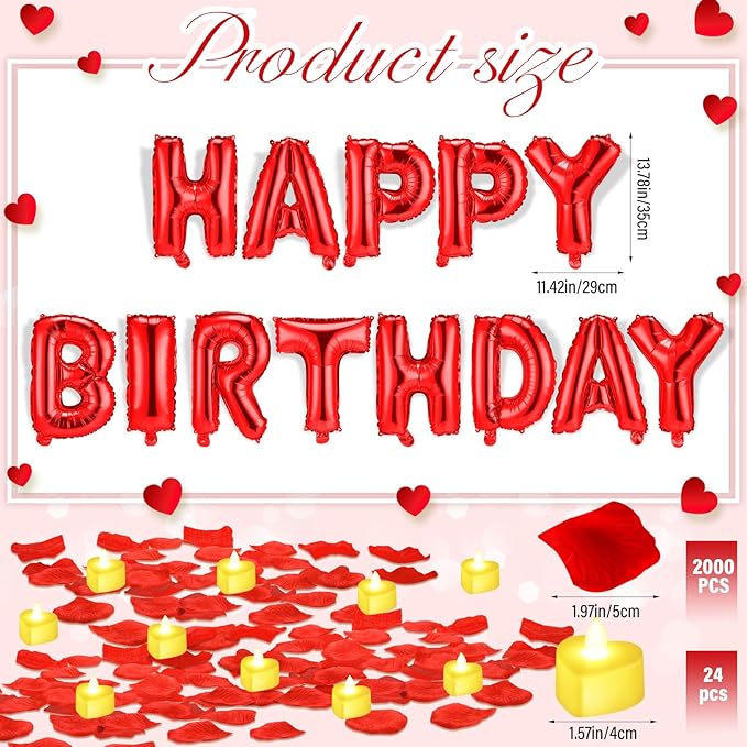 Red Happy Birthday Balloons Decorations Happy Birthday Letter Balloons Banner Set with 24pcs Heart Flameless LED Candles and 2000pcs Artificial Rose Petals for Women Men Room Party Decor