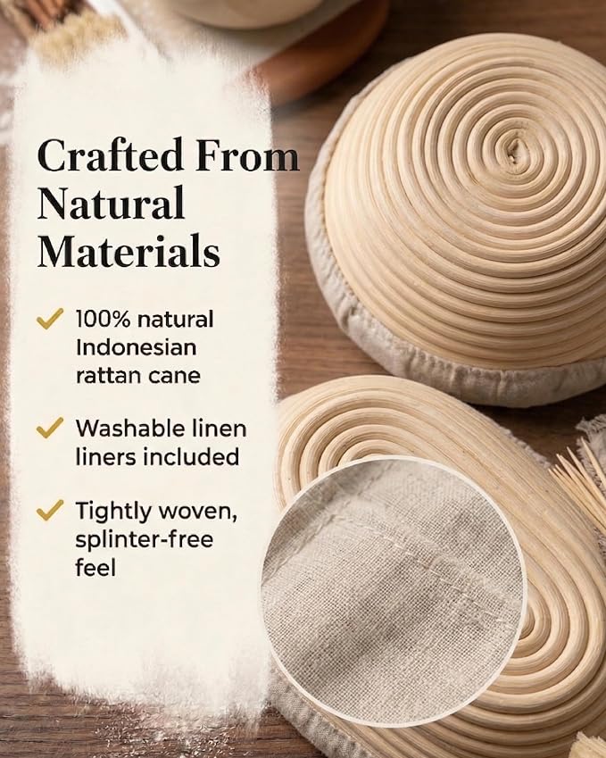 Banneton Bread Proofing Basket with Liners - Natural Rattan Dough Riser & Sourdough Starter Kit, Artisan Bread Loaves, Homemade Bread Making - 9” Round & 10" Oval Basket - 2 Pack
