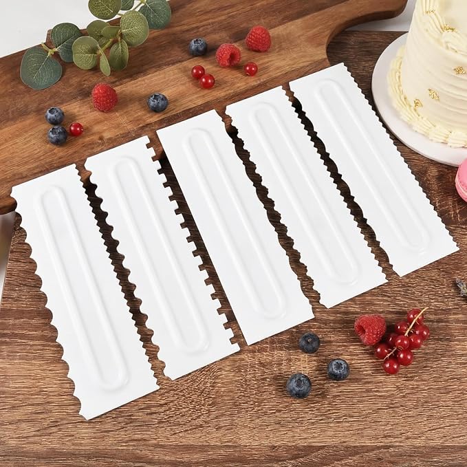 SenseYo 3 Pcs Cake Scraper Smoother 9 Inch Plastic Cream Decorating Comb Sided Patterned Edge Stripe DIY Tools for Icing Mousse Butter Frosting Baking Projects White