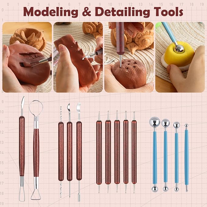 52PCS Pottery Tools Kit for Sculpting, Ceramic Tools, Clay Carving Tools for Polymer Clay, Modeling, Trimming, Molding, Shaping, Pottery Kiln, Arts Crafts Supplies, Adults, Students, Beginners, Pros
