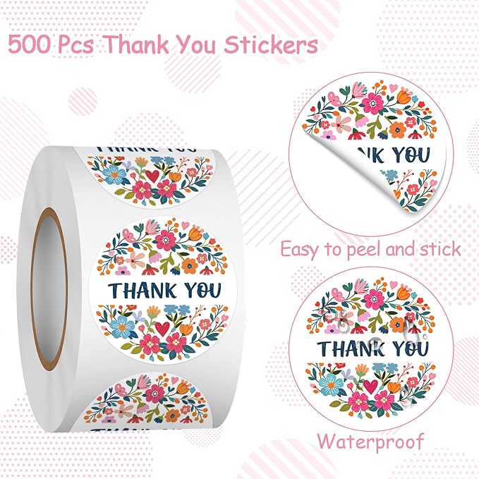 Louise Maelys 1.5Inch Thank You Stickers Roll 500Pcs Floral Pattern Labels | Waterproof Flower Thank You Stickers For Small Business, Easy Peel, Envelope , Gift Packaging, Party Favors Handmade Sellers