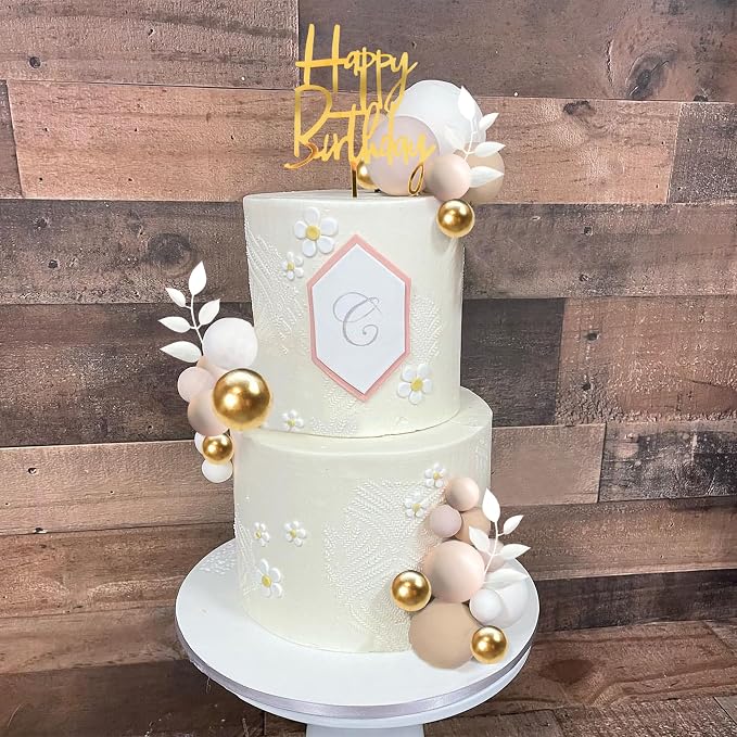Khaki Balls Cake Topper Boho Grass Cake topper Khaki White Gold Pearl Balls Happy Birthday Cake Decorations for Wedding Birthday Boho Themed Supplies (Khaki)