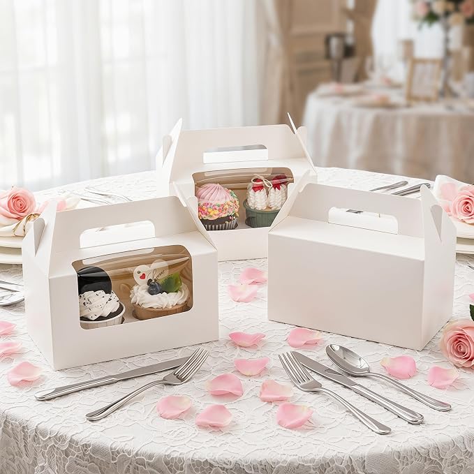 Jucoan 60 Pack 2 Count White Paper Cupcake Boxes with Insert, Handle and Window, Portable Cupcake Muffin Containers, Gable Bakery Gift Boxes Party Favor Treat Boxes for Wedding Birthday Father's Day
