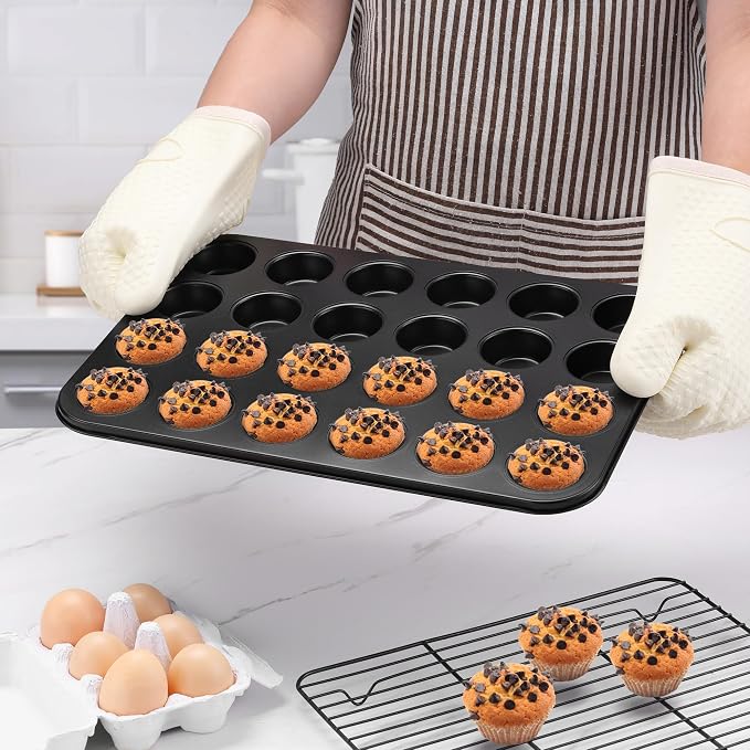 E-far 24-Cup Mini Muffin Pan - 3 Pack Nonstick Carbon Steel Cupcake Tin Tray for Little Bites & Freezer Prep | Warp-Free Bakeware Ensures Even Baking & Effortless Release, Regular Size & Oven Safe