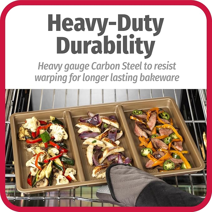 GoodCook 11 x 17-Inch Non-Stick Divided Sheet Pan – 3-in-1 Textured Cooking Pan, Baking Dish, Scratch-Resistant Carbon Steel Oven Pan for Meal Prepping & Dinners