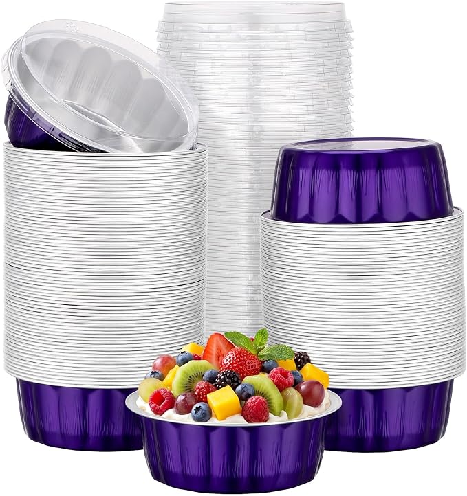 Beasea Disposable Ramekins with Lids, 120 Pack 8 oz 4 Inch Mini Aluminum Foil Creme Brulee Baking Cups Small Round Cupcake Muffin Tins Baking Cups Individual Containers for Party - Violet Purple